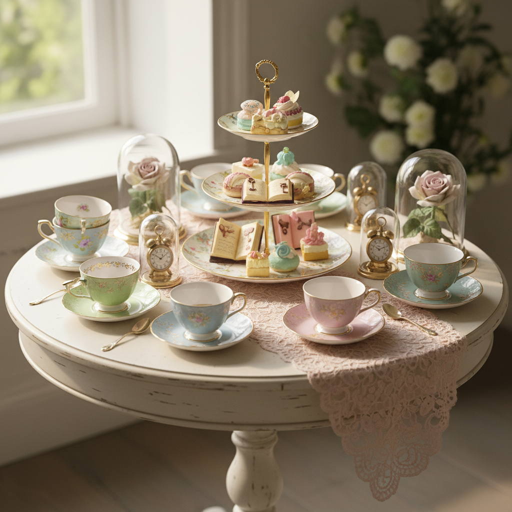 A whimsical storybook tea-party tablescape set on a round, antique pedestal table with a softly distressed cream finish. A layered mix of fine bone china teacups, each in harmonizing pastel tones with delicate gold detailing, is artfully arranged atop a pale blush lace runner. In the center, a tiered dessert stand holds tiny pastries and macarons shaped like miniature fairy-tale books and keys crafted from sugar. Scattered around are glass-domed displays with porcelain roses and tiny brass clocks, hinting at paused moments in time. Soft morning daylight filters through from the side, creating gentle, romantic shadows and a warm, inviting glow on the china’s gloss. Photographic realism, shot at slightly above eye level with a shallow depth of field, keeps the focus on the intricate tabletop details. The atmosphere is sophisticated yet playfully magical, like a quiet chapter from an enchanted tale.
